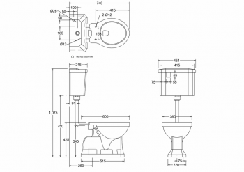 Concealed bottom outlet low-level pan with rear or bottom entry push button cistern